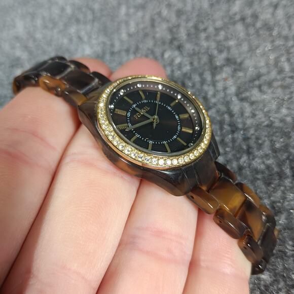 Fossil Watch Womens Brown Tortoise Resin Bracelet Crystal Bezel Gold Tone BQ1188 - Picture 1 of 8